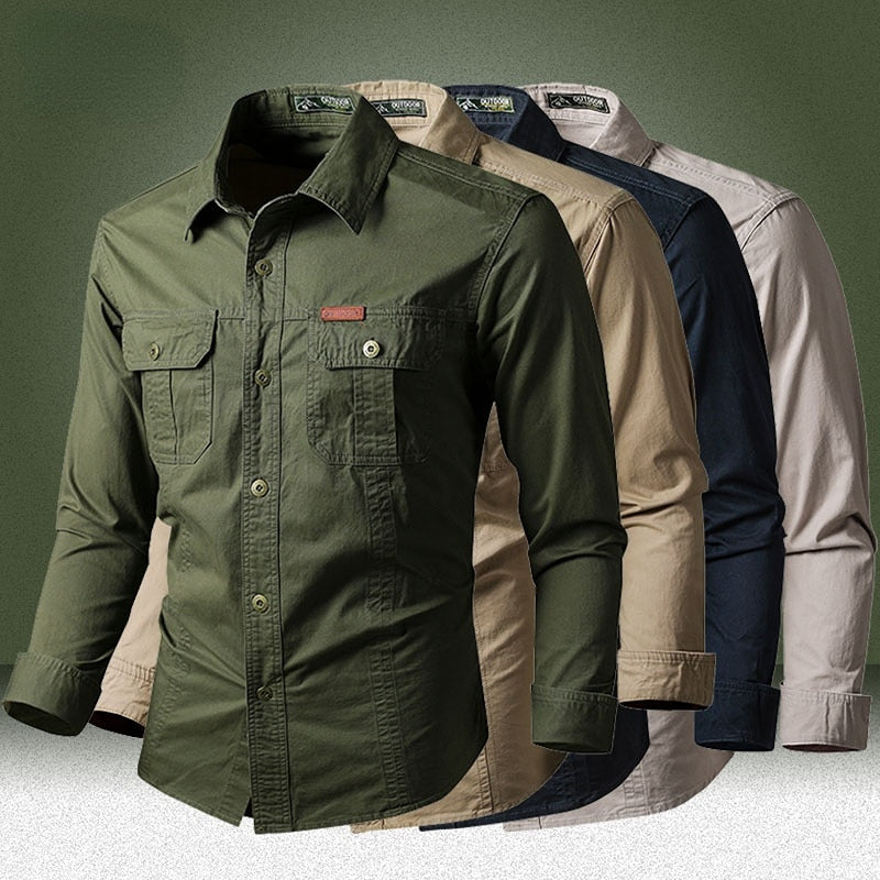 Camisa Comprida Military Com Bolsos, Botões  e Design Único Original (Você Ganha Um Relógio A Prova D'Água de Brinde)